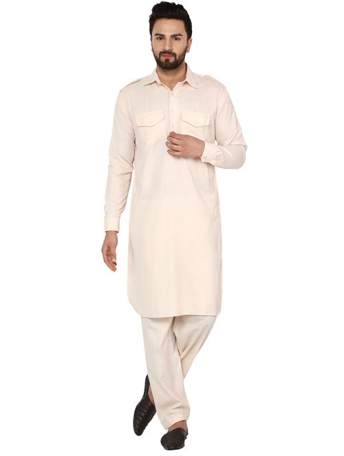 cream solid pathani set - 17733310 - Very Small Image - 1