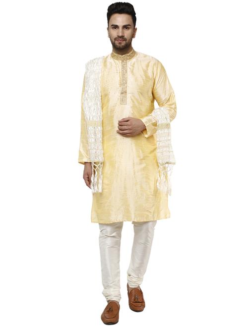 beige solid kurta pyjama set with white stole - 17733329 - Very Small Image - 1