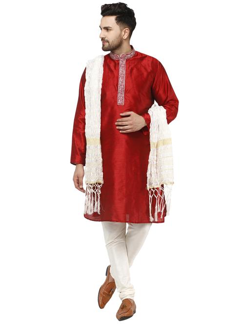 red solid kurta pyjama set with white stole - 17733335 - Very Small Image - 1
