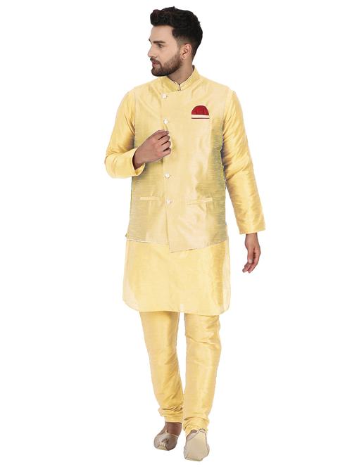 yellow solid kurta pyjama set with yellow solid nehru jacket - 17733383 - Very Small Image - 1
