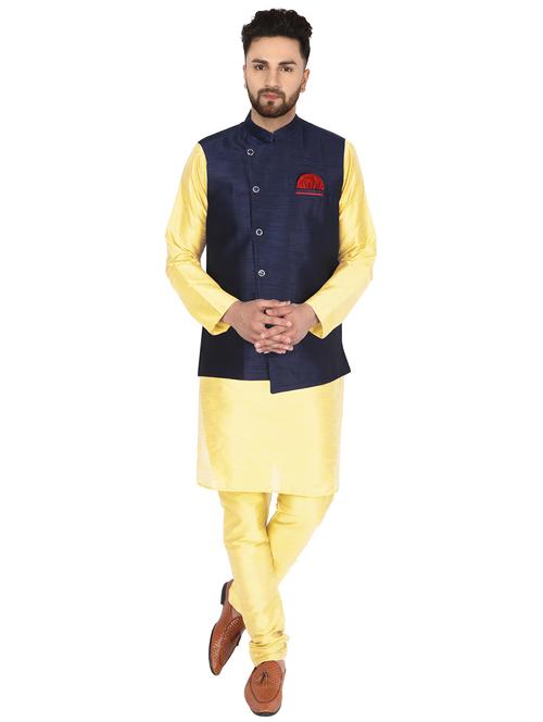 yellow solid kurta pyjama set with blue solid nehru jacket - 17733385 - Very Small Image - 1