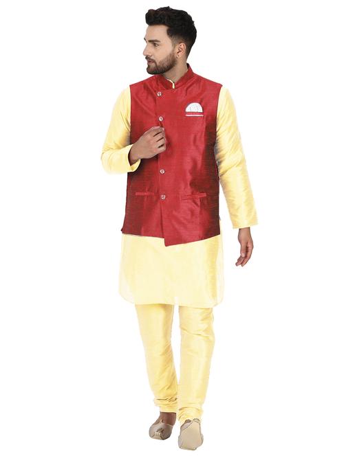 yellow solid kurta pyjama set with red solid nehru jacket - 17733389 - Very Small Image - 1