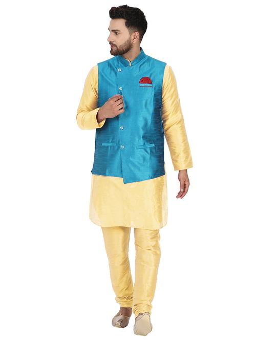yellow solid kurta pyjama set with blue solid nehru jacket - 17733390 - Very Small Image - 1