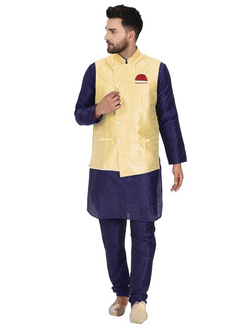 navy blue solid kurta pyjama set with yellow solid nehru jacket - 17733395 - Very Small Image - 1
