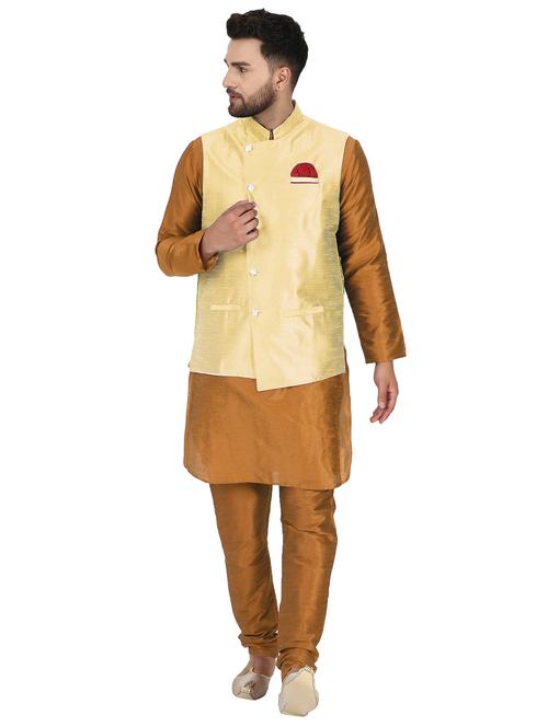 brown solid kurta pyjama set with beige solid nehru jacket - 17733399 - Very Small Image - 1