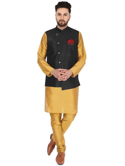 gold solid kurta pyjama set with black solid nehru jacket - 17733405 - Very Small Image - 1