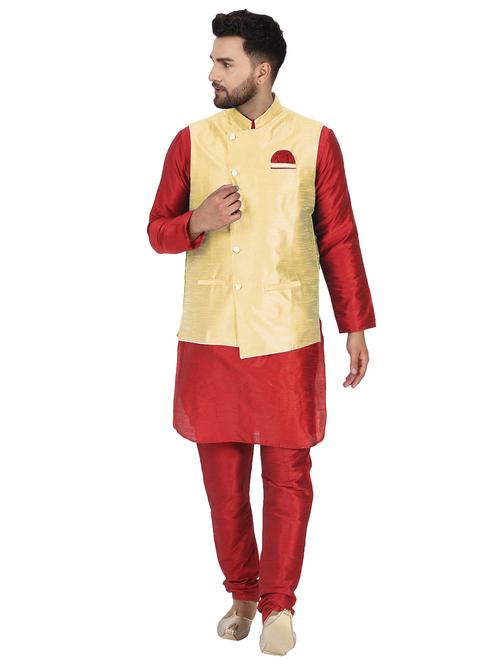 maroon solid kurta pyjama set with yellow solid nehru jacket - 17733410 - Very Small Image - 1