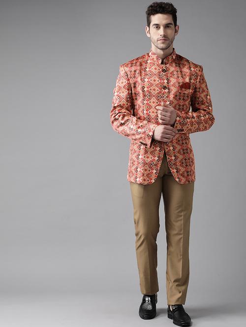 orange printed bandhgala suit - 17733785 - Very Small Image - 1