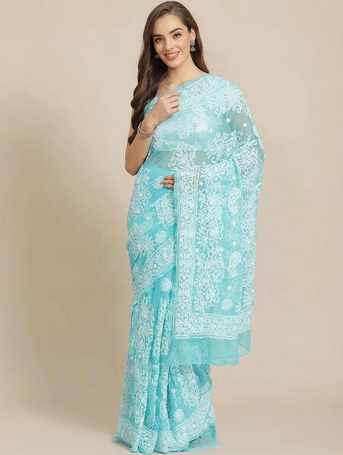 ada hand-embroidered turquoise chikankari saree with blouse - 17734080 - Very Small Image - 1