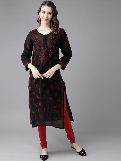 ada hand-embroidered black chikankari kurta churidar set - 17740094 - Very Small Image - 1
