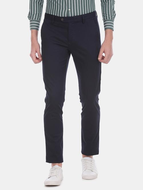 blue solid flat front casual trouser - 17741750 - Very Small Image - 1