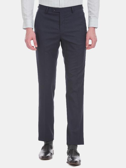 navy blue textured flat front formal trouser - 17741850 - Very Small Image - 1