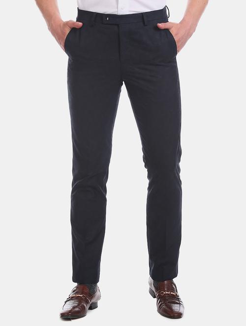 navy blue textured flat front formal trouser - 17741852 - Very Small Image - 1