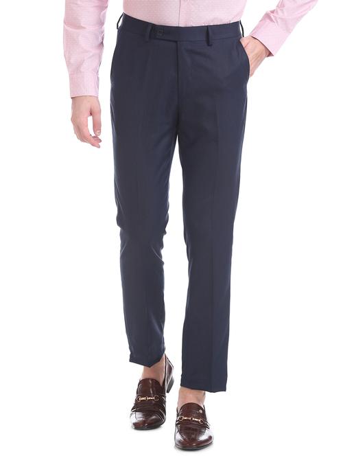 navy blue textured flat front formal trousers - 17741966 - Very Small Image - 1
