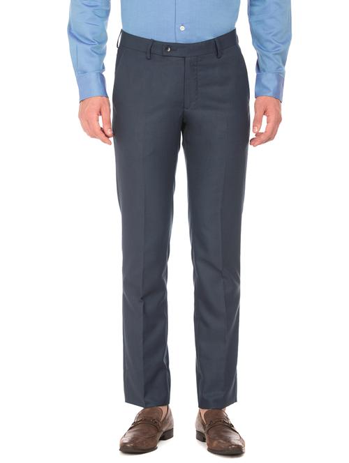 blue solid flat front casual trouser - 17741986 - Very Small Image - 1