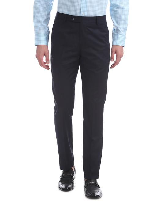 navy blue solid flat front casual trouser - 17742157 - Very Small Image - 1