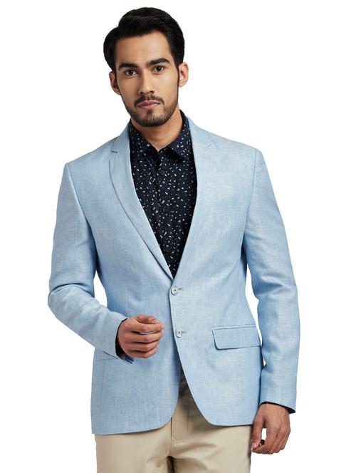 blue solid linen single breasted casual blazer - 17743881 - Very Small Image - 1