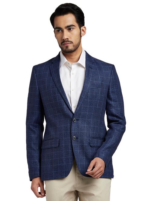 navy blue checkered linen single breasted casual blazer - 17743884 - Very Small Image - 1