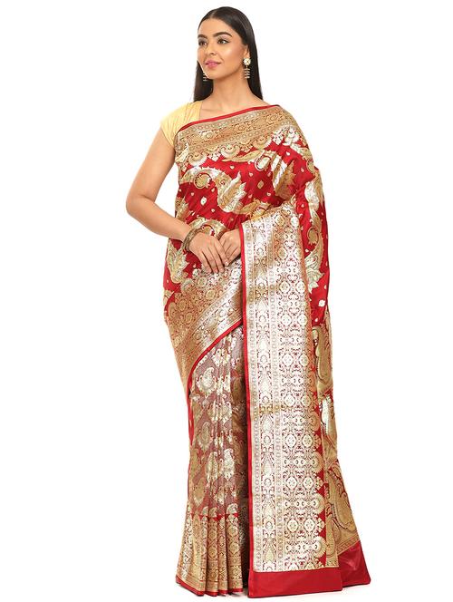 maroon satin banarasi saree with blouse - 17748133 - Very Small Image - 1