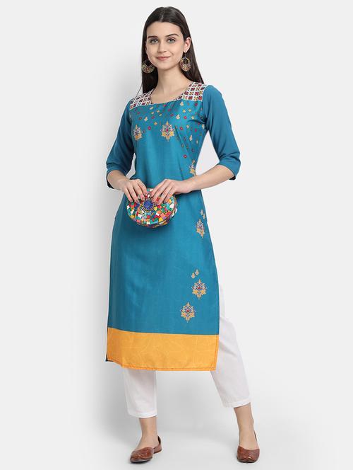turquoise printed straight kurta - 17750181 - Very Small Image - 1