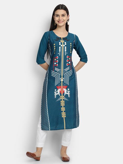 teal printed straight kurta - 17750200 - Very Small Image - 1