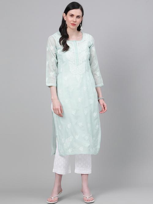 ada hand-embroidered light pistachio green chikankari kurta palazzo set - 17756205 - Very Small Image - 1