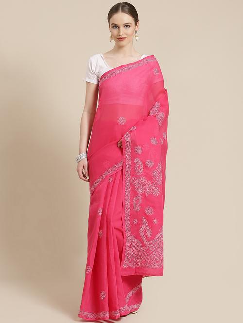 ada hand-embroidered magenta chikankari saree with blouse - 17757715 - Very Small Image - 1