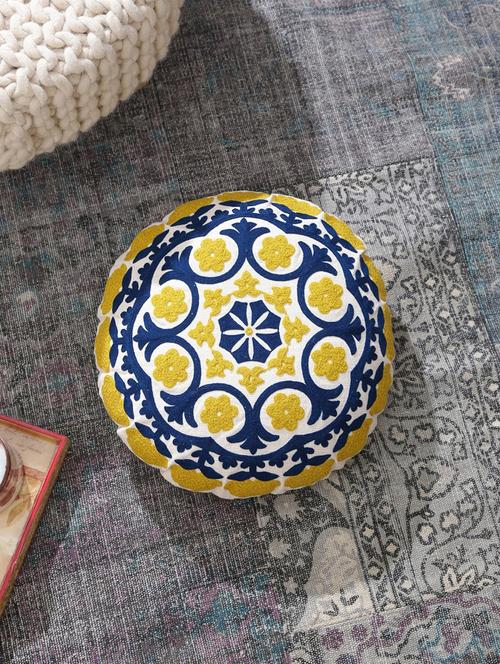 seat pouf / cushion cover in beautiful mandala embroidery in blue & yellow - 17758232 - Very Small Image - 1