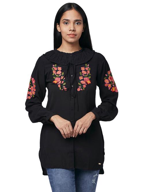 embroidered detail tie knot neck top - 17759422 - Very Small Image - 1