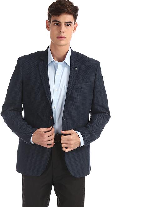 navy blue checkered linen formal blazer - 17761103 - Very Small Image - 1