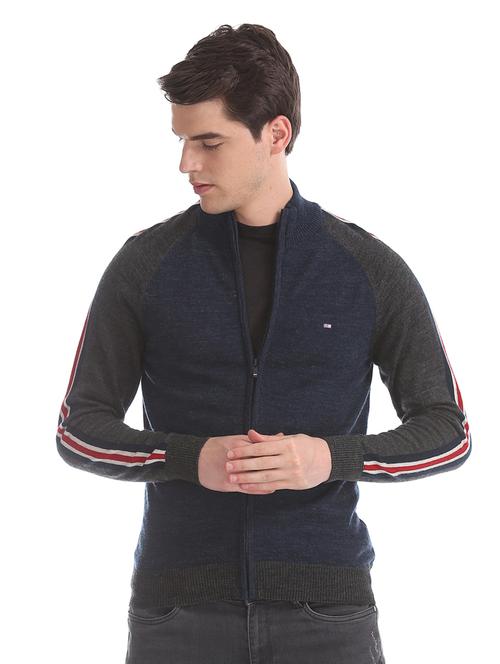 navy blue color block acrylic cardigan - 17761314 - Very Small Image - 1