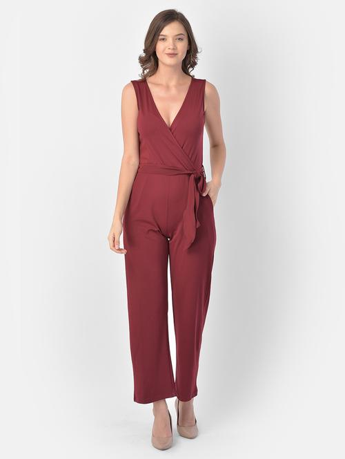 overlap neck solid full leg jumpsuit - 17761718 - Very Small Image - 1
