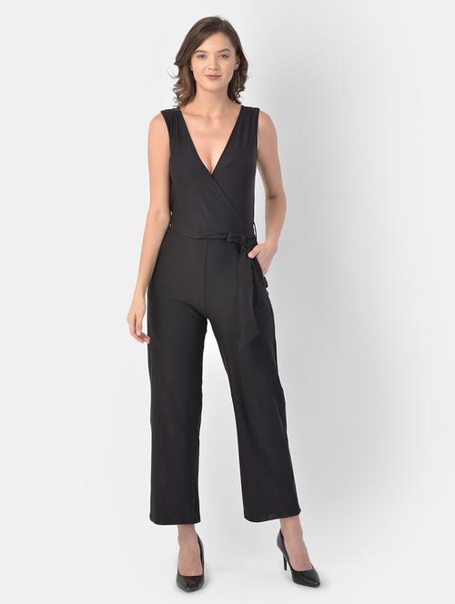overlap neck solid full leg jumpsuit - 17761720 - Very Small Image - 1