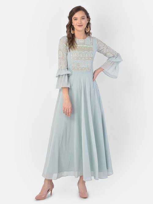 light blue solid flared ethnic dress - 17762118 - Very Small Image - 1