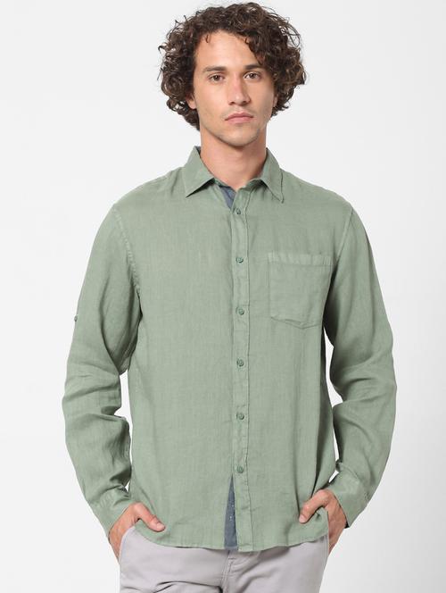 olive green solid linen casual shirt - 17762437 - Very Small Image - 1