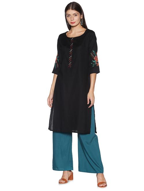 embroidered sleeves solid straight kurta - 17762957 - Very Small Image - 1
