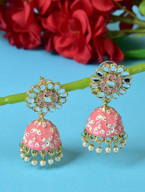 ethonica beautifully enamelled jhumka earrings for girl, womens pearl zinc jhumki earring - 17763748 - Very Small Image - 1
