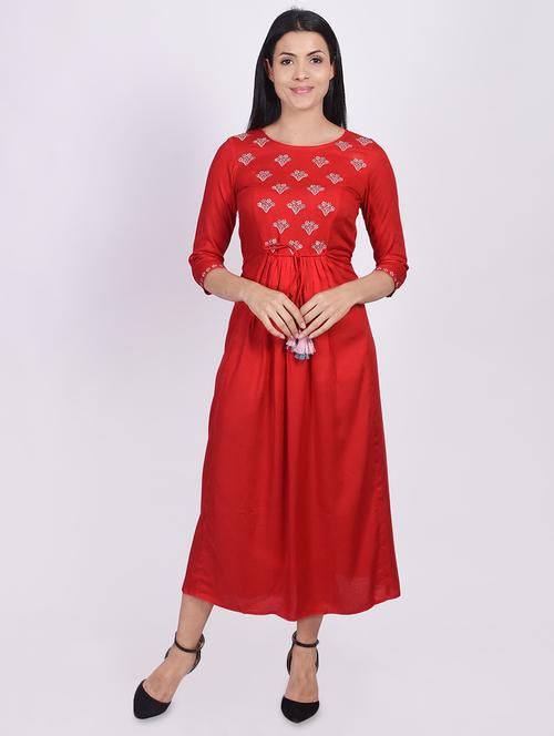 hot red solid a-line ethnic dress - 17763862 - Very Small Image - 1