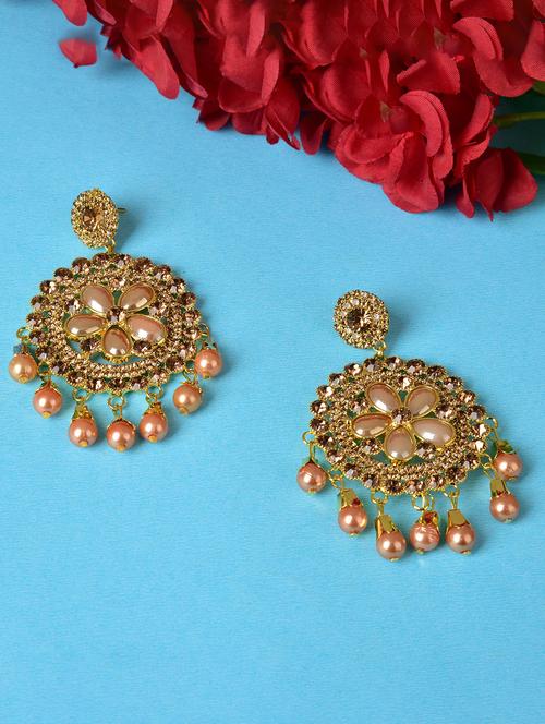 ethonica antique gold tone kundan & pearls circular stud red earring for women pearl brass drops & danglers - 17763969 - Very Small Image - 1