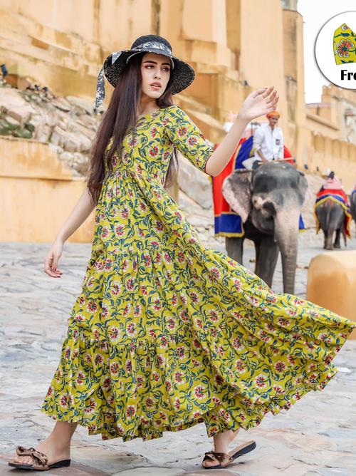 designer partywear printed yellow pure muslin - 17764215 - Very Small Image - 1