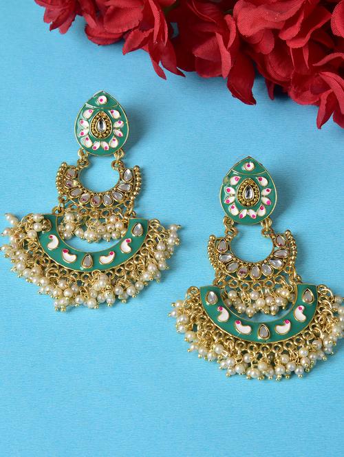 ethonica traditional gold plated brass and kundan dangle earrings for women (1 pair) pearl, crystal brass drops & danglers - 17764339 - Very Small Image - 1