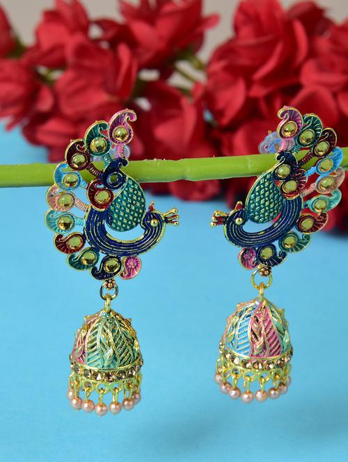 ethonica multicolor peacock design jhumki earring for women & girls (1 pair) pearl brass jhumki earring - 17764343 - Very Small Image - 1