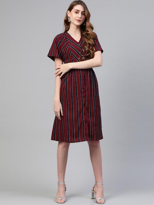 v-neck striped a-line dress - 17764980 - Very Small Image - 1