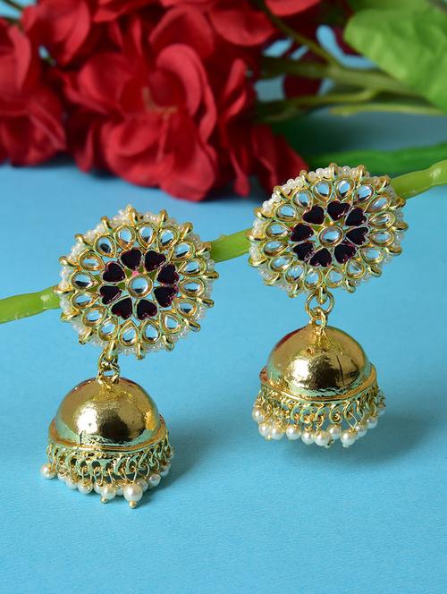 ethonica meenawork black heart jhumkas kundan stones studded with glass pearls jhumka earring for women - 17765385 - Very Small Image - 1