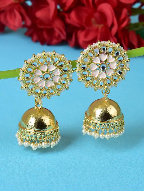 ethonica meenawork white heart jhumkas kundan stones studded with glass pearls jhumka earring for women - 17765386 - Very Small Image - 1