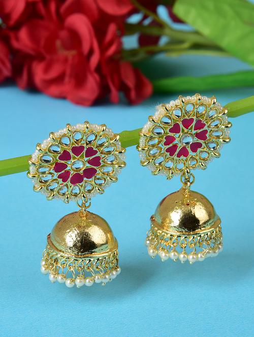 ethonica meenawork red heart jhumkas kundan stones studded with glass pearls jhumka earring for women - 17765387 - Very Small Image - 1