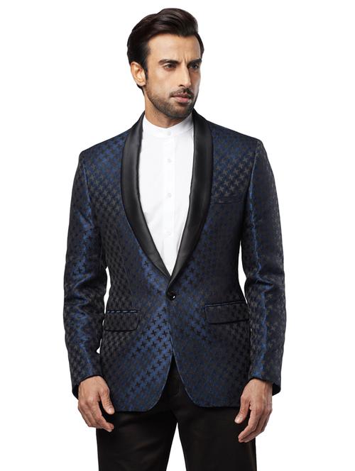 navy blue self design single breasted formal blazer - 17765799 - Very Small Image - 1
