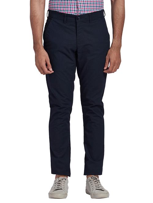 navy blue textured flat front casual trouser - 17765820 - Very Small Image - 1