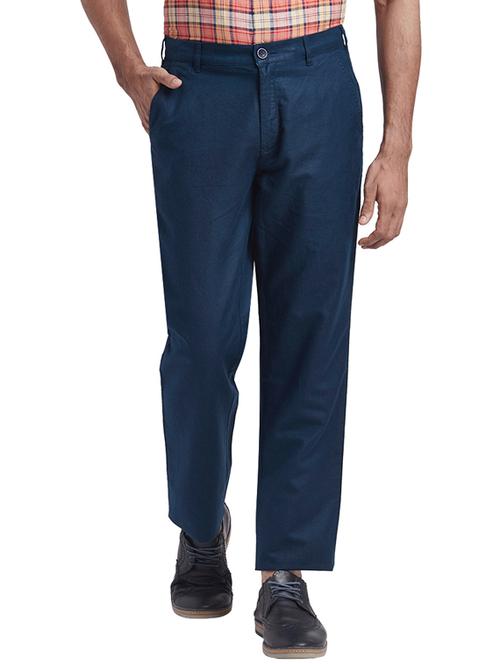 navy blue solid flat front casual trouser - 17765907 - Very Small Image - 1
