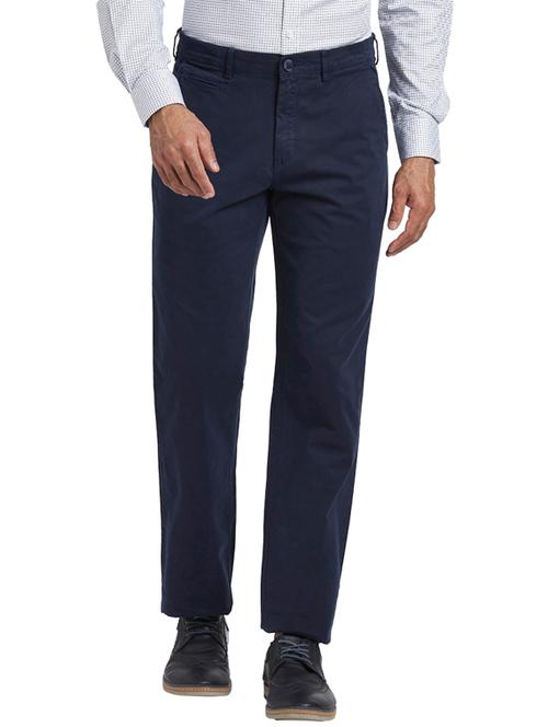 navy blue solid flat front casual trouser - 17765923 - Very Small Image - 1